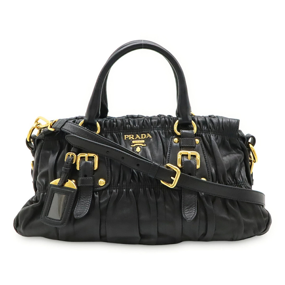Prada Gathered Handbag Crossbody Bag Leather NERO Black